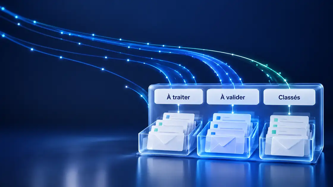 Des messages réunis dans trois bacs : À traiter, À valider et Classés. Illustration fictive.